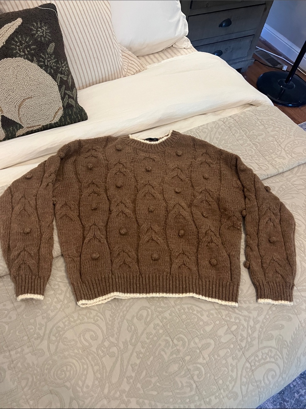 Blu Pepper Brown Knit Crewneck Sweater with Cream Trim